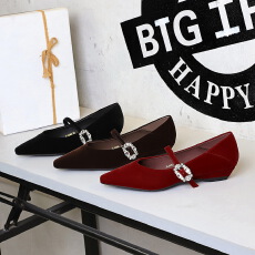 批发时尚水钻扣一字带玛丽珍鞋女百搭休闲坡跟<b class='q'>通勤</b>尖头单鞋