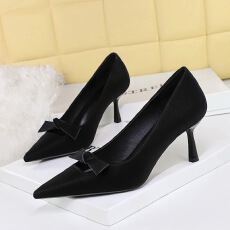 欧美风宴会女鞋细跟尖头镂空气质单鞋浅口蝴蝶结细跟高跟鞋