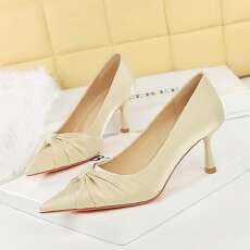 欧美性感宴会高跟鞋金丝绸缎珍珠蝴蝶结扭花尖头浅口单鞋女