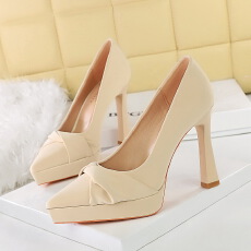 法式高跟鞋女尖头褶皱蝴蝶结防水台粗跟宴会气质超高跟单鞋