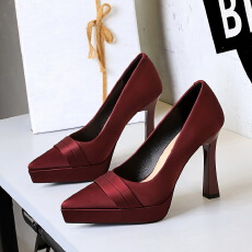 欧美风优雅宴会气质高跟鞋女尖头防水台绸缎粗跟超高跟单鞋