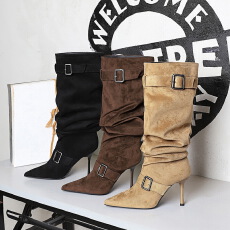 批发细跟长筒靴女高筒显瘦长靴皮带扣尖头褶皱堆堆靴高跟骑士靴