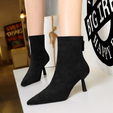 复古绒面尖头瘦瘦靴薄款单靴细跟中跟百搭时装后拉链短靴女