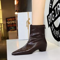 韩版复古手抓纹时装女靴尖头粗跟低跟时尚后拉链短筒靴女靴