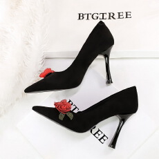 批发绝美玫瑰花装饰法式高跟鞋女鞋细跟尖头浅口一脚蹬单鞋女