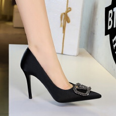 欧美风时尚水钻V扣超高跟尖头浅口细跟气质优雅单鞋女