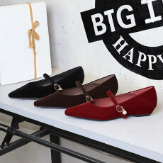 批发韩式气质风通勤单鞋女尖头浅口珍珠一字带低跟坡跟女鞋