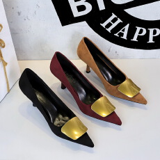 欧美风宴会女鞋绒面细跟职业工作鞋尖头单鞋气质高跟鞋