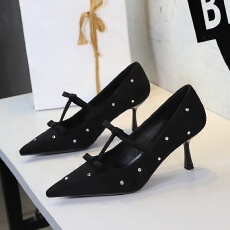 高跟鞋女蝴蝶结气质名媛性感细跟浅口绒面尖头水钻通勤单鞋