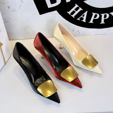 欧美风气质高跟鞋女金属百搭性感细跟职业工作尖头单鞋