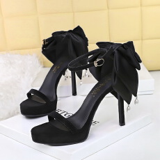 批发欧美风超高跟一字带露趾蝴蝶结珍珠细跟性感外穿凉鞋女