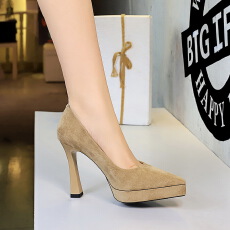 批发欧美防水台日常百搭绒面高跟鞋女粗跟浅口不累脚<b class='q'>气质</b>尖头单鞋