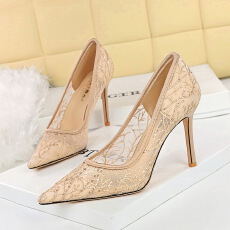 欧美风性感蕾丝网纱超高跟鞋女尖头浅口夜店高级细跟单鞋女