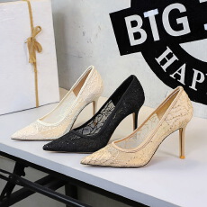 欧美风性感宴会高级细跟超高跟鞋女蕾丝网纱尖头浅口单鞋女