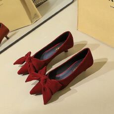 批发韩版气质绒面细跟单鞋尖头百搭蝴蝶结休闲低跟通勤女鞋