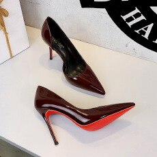 批发欧美风性感超高跟侧镂空尖头浅口一脚蹬漆皮细跟时尚单鞋女鞋