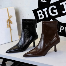 批发欧美复古风尖头细高跟时装百搭短靴女后拉链单靴短筒瘦瘦靴