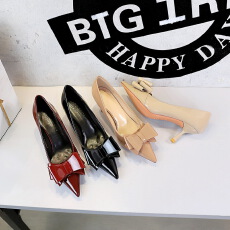 批发欧美风<b class='q'>性感</b>细跟尖头高跟鞋女浅口蝴蝶结百搭漆皮气质单鞋