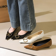 欧美尖头宴会女鞋通勤浅口百搭增高坡跟时尚V扣气质单鞋