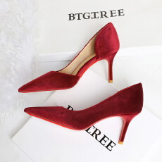 欧美风日常性感红底丝绒细跟侧空高跟鞋浅口显瘦尖头单鞋女
