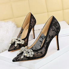 批发欧美风<b class='q'>性感</b>宴会高跟鞋女蕾丝网纱水钻蝴蝶结尖头浅口单鞋