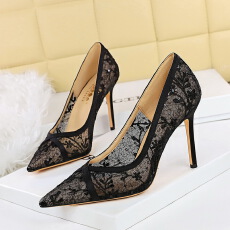 批发欧美风宴会<b class='q'>性感</b>细跟尖头高跟鞋女网纱镂空蕾丝浅口高跟单鞋