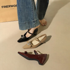 玛丽珍鞋内增高一字带尖头漆皮水钻蝴蝶结气质通勤单鞋女
