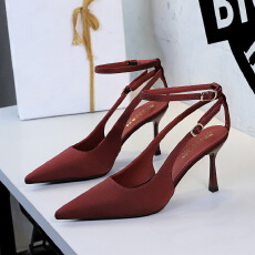 批发<b class='q'>欧美</b>性感细跟高跟鞋女尖头绸缎一字扣带镂空气质高跟单鞋