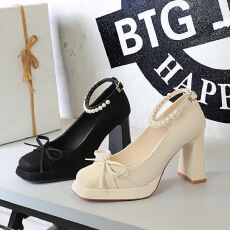 批发法式风蝴蝶结防水台粗跟高跟鞋女方头浅口珍珠一字扣单鞋女