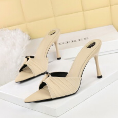 批发<b class='q'>韩版</b>褶皱蕾丝细跟高跟鞋尖头百搭一字带凉鞋露趾拖鞋女外穿