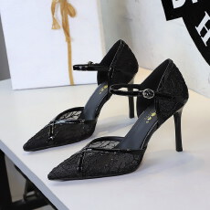 批发欧美风性感宴会高跟女鞋一字扣尖头细跟高级感蕾丝网纱单鞋