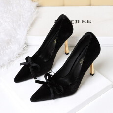 批发法式风金属高跟一脚蹬细跟蝴蝶结西施绒宴会女神时尚单鞋