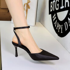 批发欧美风性感夜店镂空细跟女鞋尖头浅口高级绸缎后空一字带