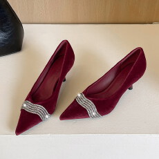 欧美风气质水钻装饰尖头宴会高跟鞋高级感西施绒一脚蹬单鞋