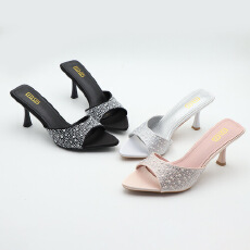 批发外贸跨境夏季新款水钻细跟尖头一字带凉鞋货号量大优惠