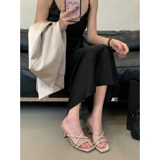 批发欧美<b class='q'>气质</b>水钻细带绸缎凉拖方头钻链露趾性感辣妹高跟鞋女斩男