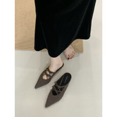 批发2025年秋季毛呢尖头蝴蝶结包头半拖鞋女外穿内增高法式懒人穆勒拖