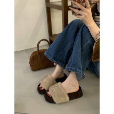 批发十字架加绒厚底平底一字仙女毛毛拖鞋外穿女<b class='q'>春</b>秋季新款休闲保暖拖