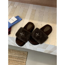 批发十字架厚底毛毛拖鞋女 秋冬复古外穿防滑一字拖  