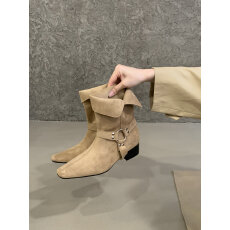 批发<b class='q'>韩版</b>小方头金属扣粗跟短靴女百搭时尚绒面西部靴中筒靴短靴