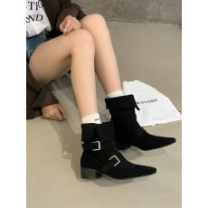 批发法式小众设计感中筒靴复古西部靴厚底粗跟短靴可翻折骑士靴