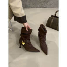 批发复古尖头时装靴女2025秋冬款美拉德西部<b class='q'>牛仔</b>靴绒面褶皱小众瘦瘦靴