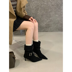 批发两穿2025秋冬新款尖头细跟高跟靴西部牛仔靴绒面金属扣短靴中筒靴