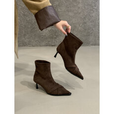 批发美拉德色系复古高跟套脚绒面短靴2025年秋冬细跟绒面弹力瘦瘦靴