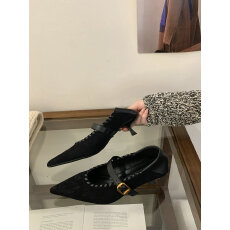 批发法式绒面拼接气质单鞋女2025秋季新款百搭细跟尖头一字扣高跟鞋
