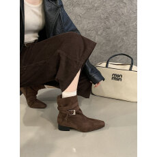 批发美拉德短靴女2025秋新款绒面皮带扣粗跟方头骑士靴西部牛仔靴