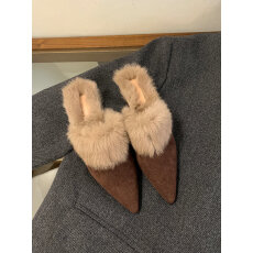 2025秋冬新款小猫跟尖头毛毛半拖鞋外穿包头真毛小矮跟穆勒包头拖