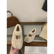 批发法式玛丽珍单鞋女2025秋冬新款女鞋百搭灰色软底博肯魔术贴毛毛鞋