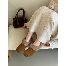 批发真皮版~秋<b class='q'>冬</b>复古磨砂皮厚底外穿包头毛毛鞋兔毛加绒保暖半拖鞋