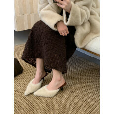 批发水貂毛~ 气质名媛性感包头拖女复古高跟毛毛拖鞋法式设计感穆勒鞋